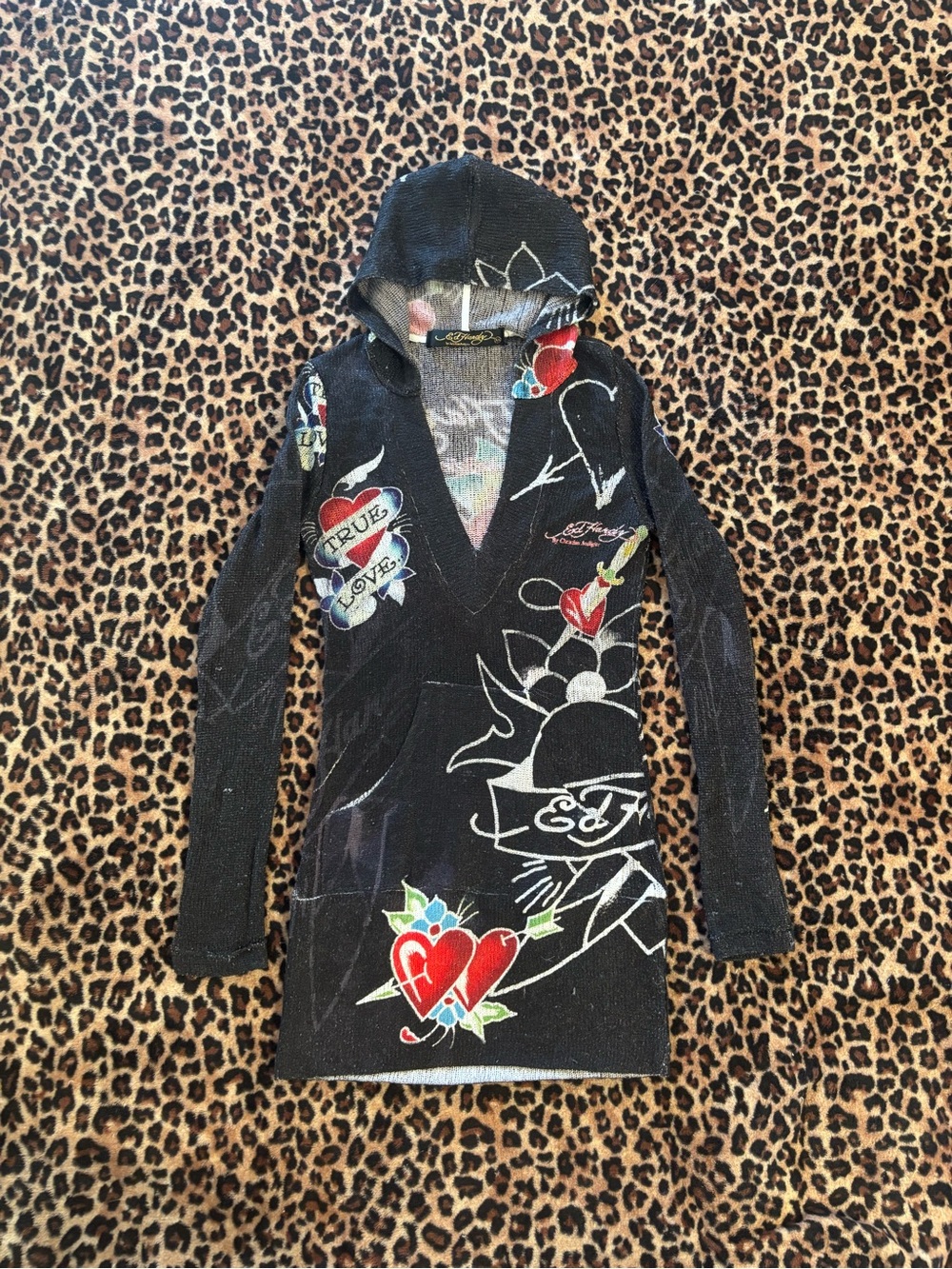 Ed Hardy Black Hooded Tunic with Red Heart Tattoo Motifs